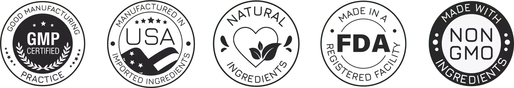 GMP certified, manufactured in the USA, natural ingredients, made in an FDA-registered facility and non-GMO badges