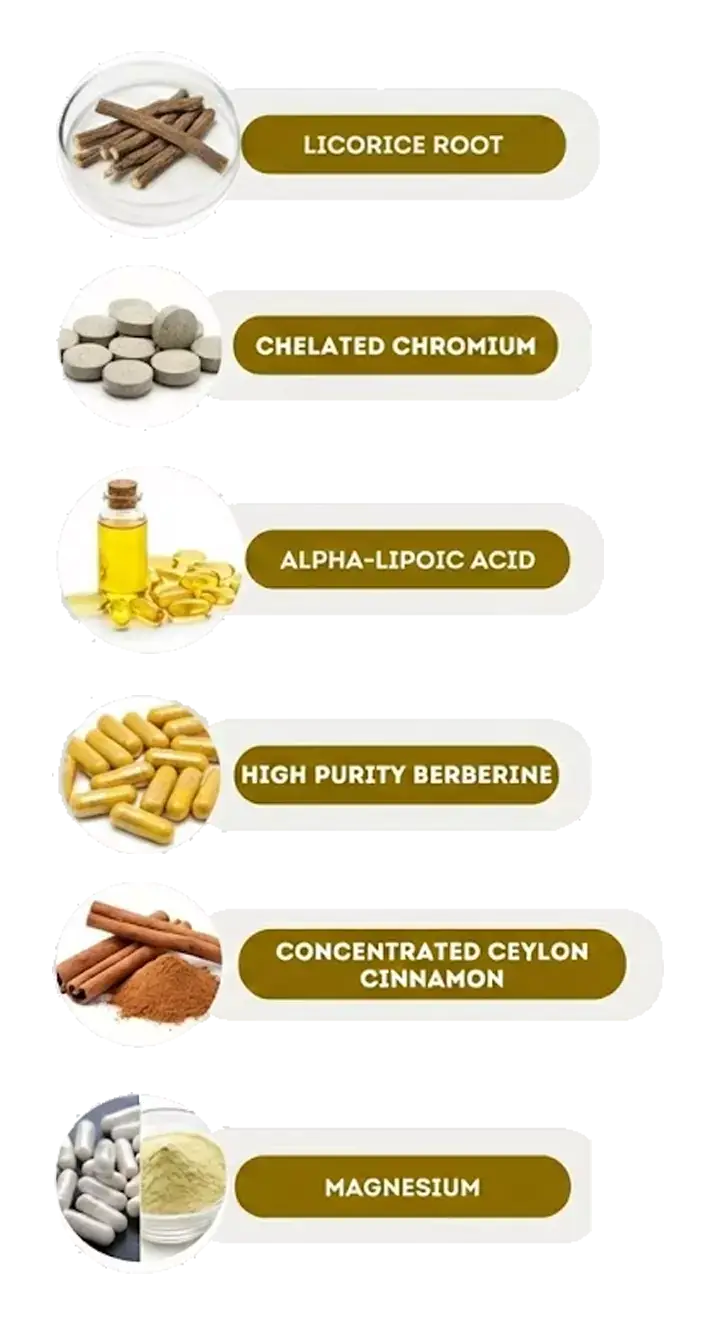 Licorice root, chelated chromium, alpha-lipoic acid, berberine, Ceylon cinnamon and magnesium