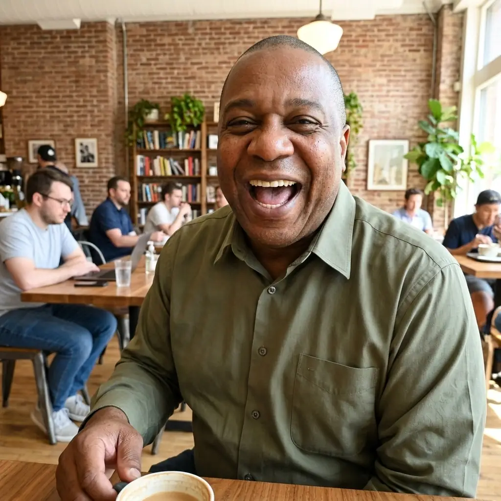 An adult sitting in a cafe in an everyday setting